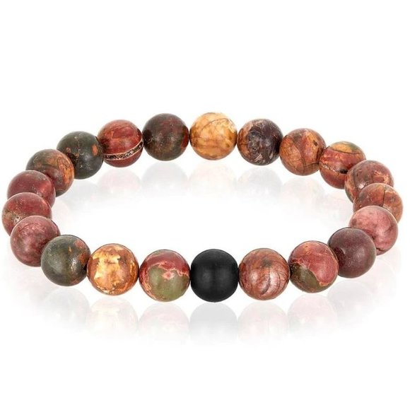 10mm Men’s Women’s Polished Picasso Jasper Matte Onyx Beaded Stretch Bracelet - Picture 3 of 8